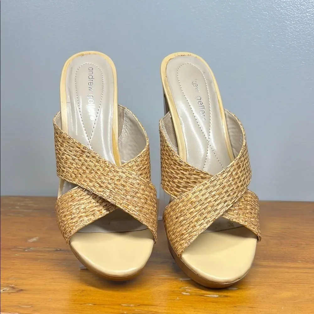 Andrew Geller Tan Wedge Sandals with Basketweave Design